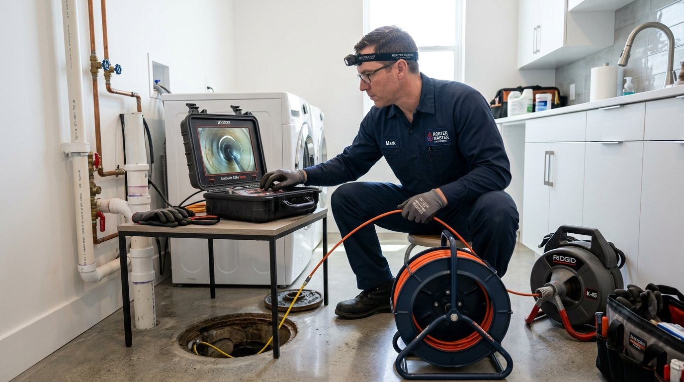 Master Plumber Operating High-Definition Video Sewer Camera Diagnostic Equipment